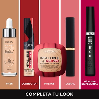 Productos de maquillaje L'Oréal Paris: base True Match Nude, corrector Infaillible, polvos Infaillible Fresh Wear, labial y máscara de pestañas Telescopic Lift. Completa tu look.