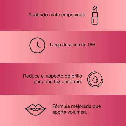 Acabado mate empolvado, larga duración de 16 horas, reduce el impacto de brillo para una tez uniforme. Fórmula mejorada que aporta volumen
