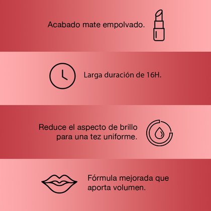 Acabado mate empolvado, larga duración de 16 horas, reduce el impacto de brillo para una tez uniforme. Fórmula mejorada que aporta volumen