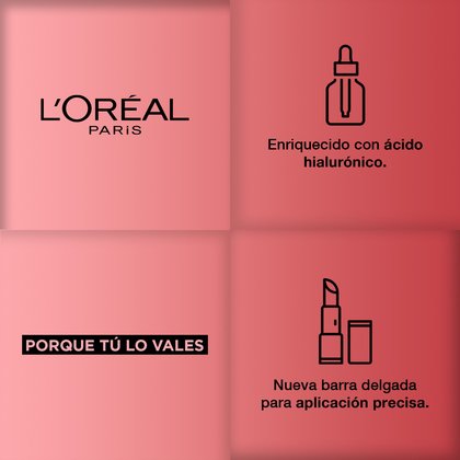 Logo L'Oréal Paris. Enriquecido con Ácido Hialurónico. Porque tú lo vales, nueva barra delgada para aplicación precisa