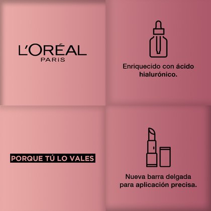 Logo L'Oréal Paris. Enriquecido con Ácido Hialurónico. Porque tú lo vales, nueva barra delgada para aplicación precisa