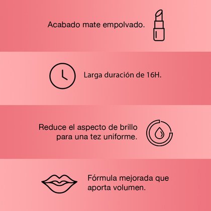 Acabado mate empolvado, larga duración de 16 horas, reduce el impacto de brillo para una tez uniforme. Fórmula mejorada que aporta volumen