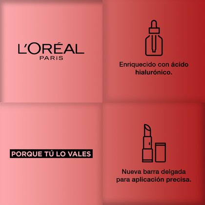 Logo L'Oréal Paris. Enriquecido con Ácido Hialurónico. Porque tú lo vales, nueva barra delgada para aplicación precisa