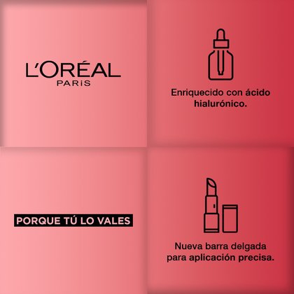 Logo L'Oréal Paris. Enriquecido con Ácido Hialurónico. Porque tú lo vales, nueva barra delgada para aplicación precisa