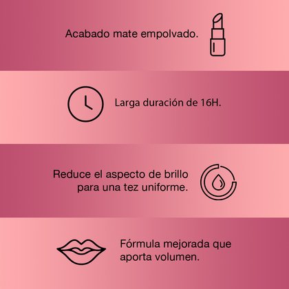 Acabado mate empolvado, larga duración de 16 horas, reduce el impacto de brillo para una tez uniforme. Fórmula mejorada que aporta volumen