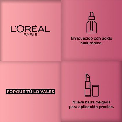 Logo L'Oréal Paris. Enriquecido con Ácido Hialurónico. Porque tú lo vales, nueva barra delgada para aplicación precisa