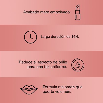 Acabado mate empolvado, larga duración de 16 horas, reduce el impacto de brillo para una tez uniforme. Fórmula mejorada que aporta volumen