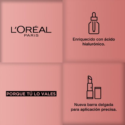 Logo L'Oréal Paris. Enriquecido con Ácido Hialurónico. Porque tú lo vales, nueva barra delgada para aplicación precisa