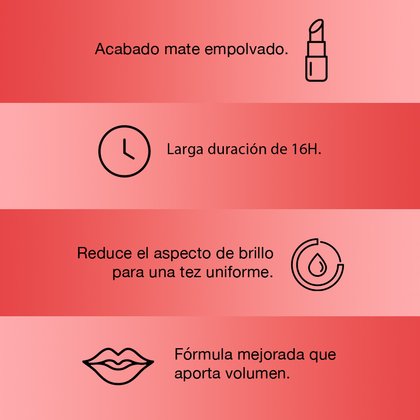 Acabado mate empolvado, larga duración de 16 horas, reduce el impacto de brillo para una tez uniforme. Fórmula mejorada que aporta volumen