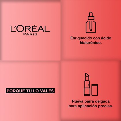Logo L'Oréal Paris. Enriquecido con Ácido Hialurónico. Porque tú lo vales, nueva barra delgada para aplicación precisa