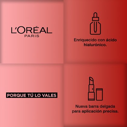 Logo L'Oréal Paris. Enriquecido con Ácido Hialurónico. Porque tú lo vales, nueva barra delgada para aplicación precisa