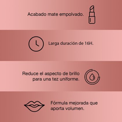 Acabado mate empolvado, larga duración de 16 horas, reduce el impacto de brillo para una tez uniforme. Fórmula mejorada que aporta volumen