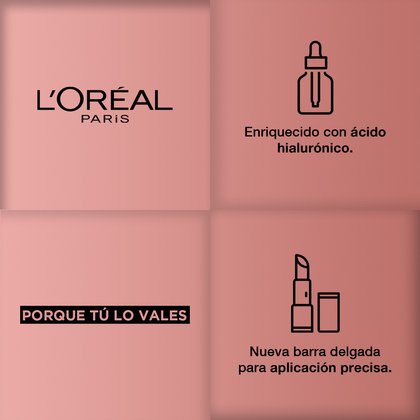 Logo L'Oréal Paris. Enriquecido con Ácido Hialurónico. Porque tú lo vales, nueva barra delgada para aplicación precisa