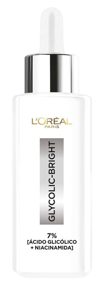 Serum Glycolic Bright de L'Oréal Paris para el cuidado facial, en envase de frasco con gotero.